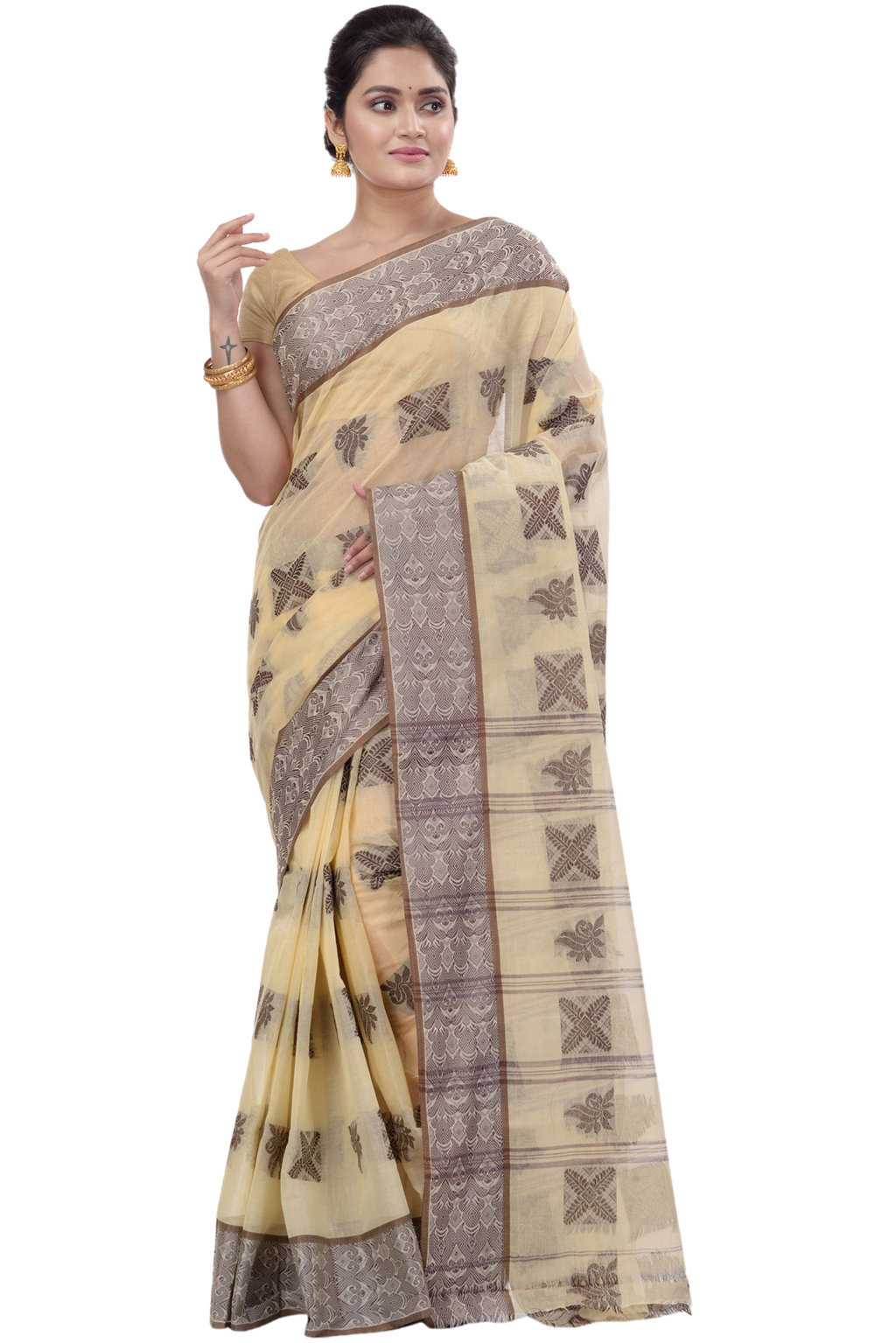 Off-White Pure Cotton Suparna Buti Tant Saree (758)